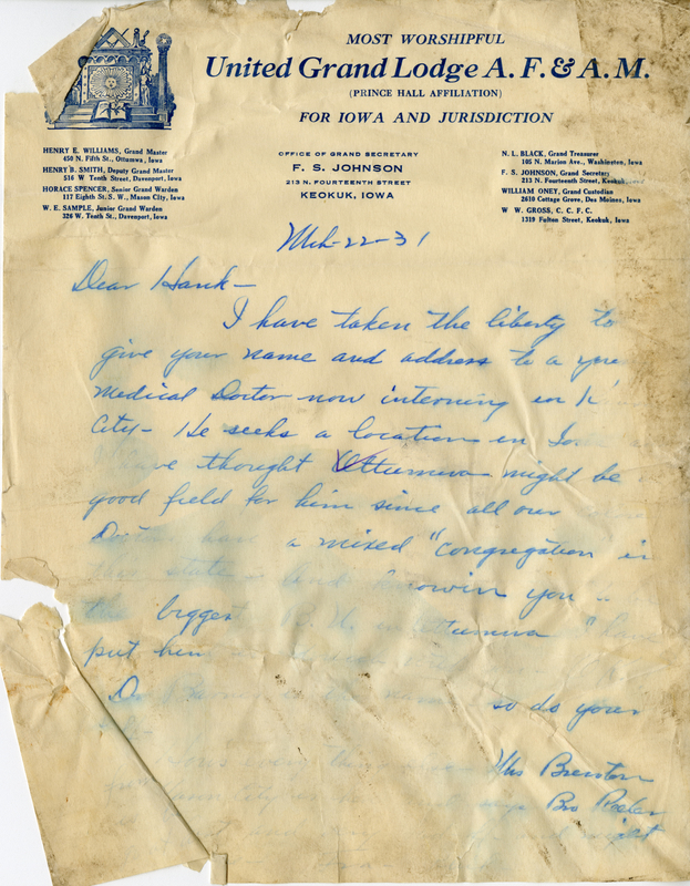 Correspondence Between F. S. Johnson And Grand Master Henry E. Williams