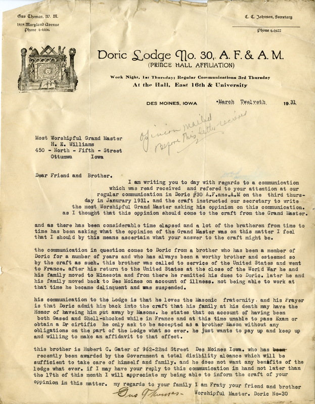 Written on letterhead from Doric Lodge #30.