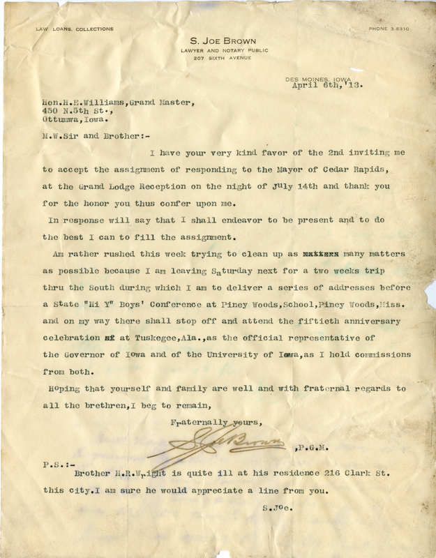 Written on letterhead from the law office of S. Joe Brown.