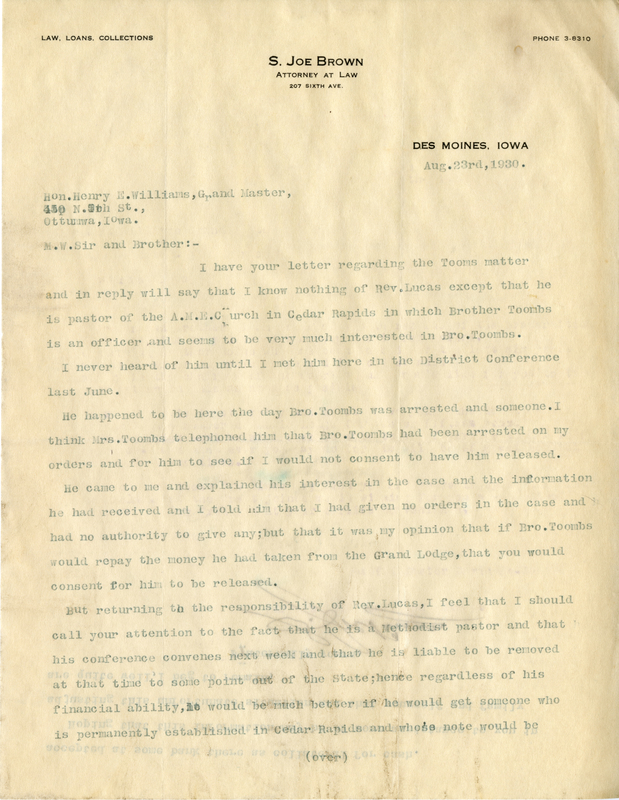 Written on letterhead from the law office of S. Joe Brown.