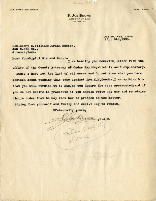 Written on letterhead from the law office of S. Joe Brown.