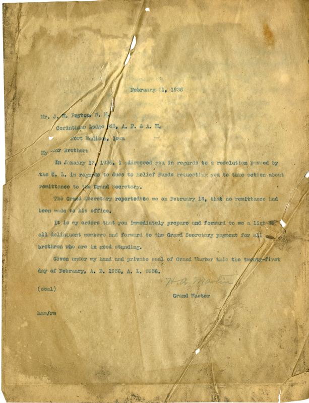 Correspondence Between J. M. Peyton And Grand Master H. A. Martin