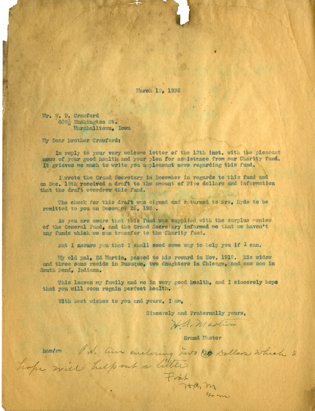 Correspondence Between W. D. Crawford And Grand Master H. A. Martin