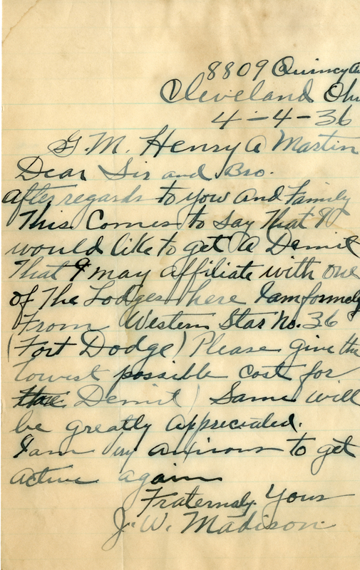 Correspondence Between J. W. Madison And Grand Master H. A. Martin