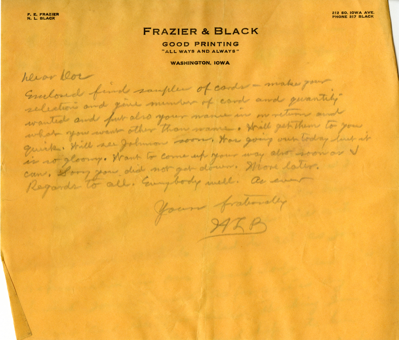 Written on letterhead from Frazier & Black printers.