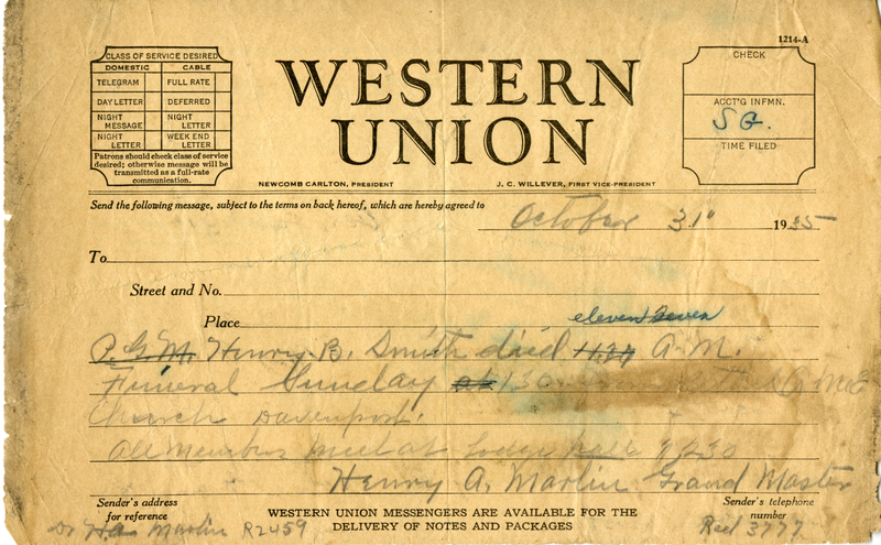 Western Union Message From Grand Master H. A. Martin