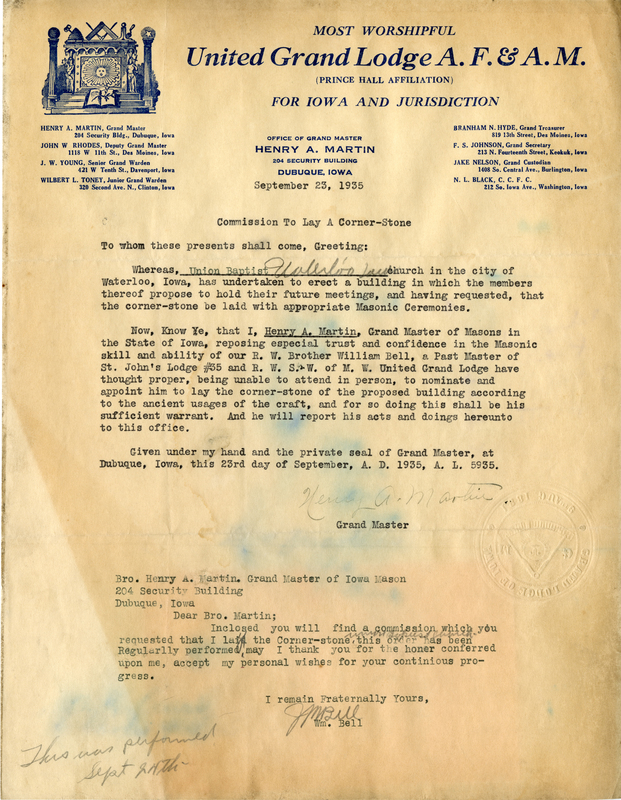 Written on letterhead from the office of the Grand Master, Henry A. Martin.