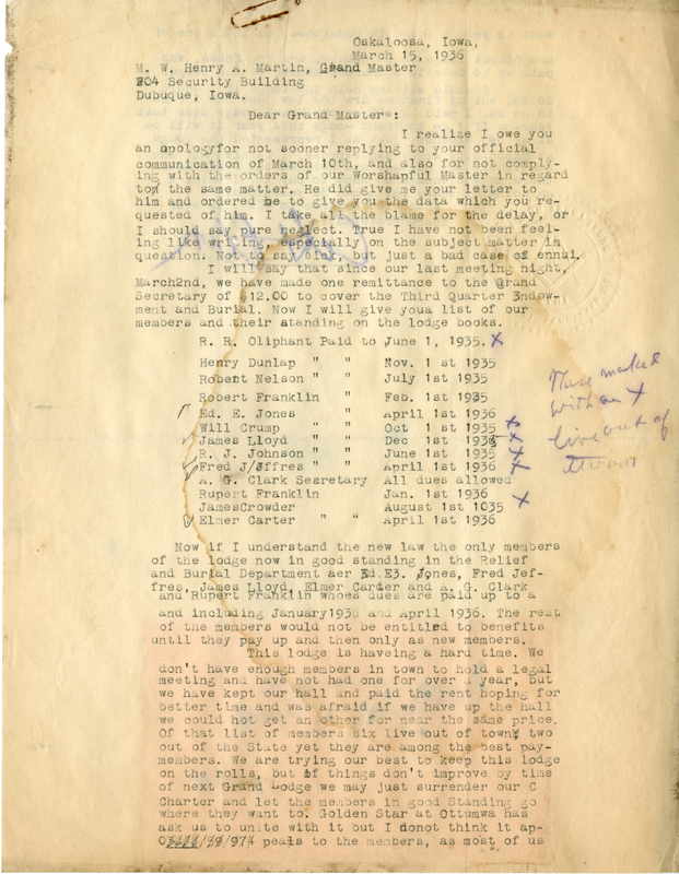 Correspondence Between A. G. Clark And Grand Master Henry A. Martin