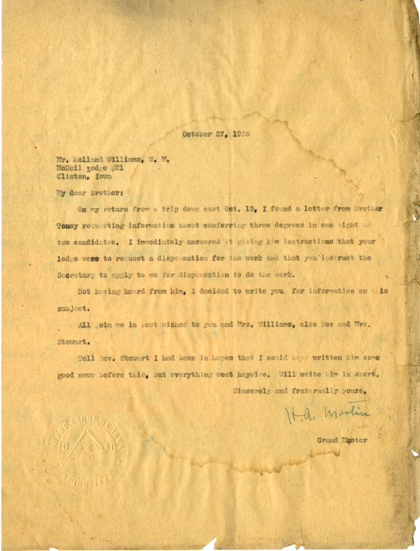Correspondence Between Holland Williams And Grand Master Henry A. Martin