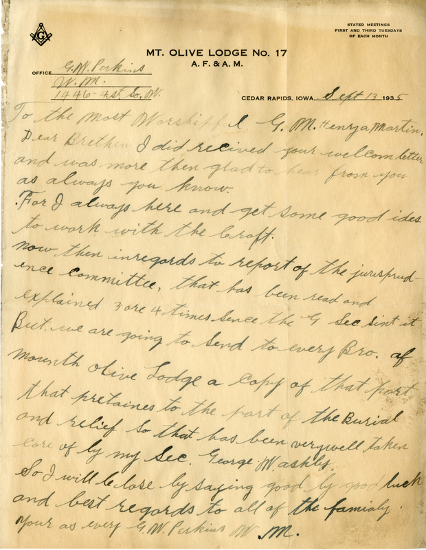 Written on letterhead from Mt. Olive Lodge #17.