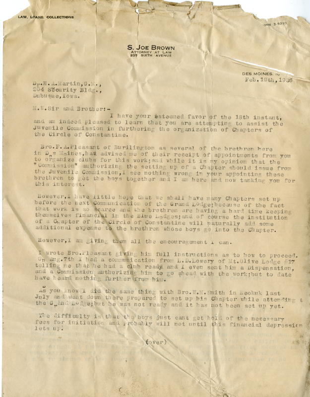 Correspondence Between Grand Master Henry A. Martin And S. Joe Brown