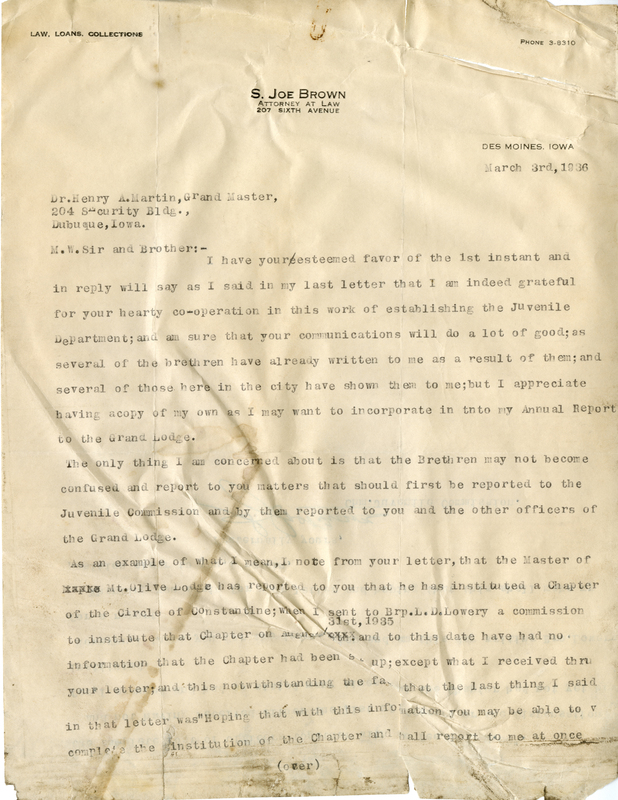 Correspondence Between Grand Master Henry A. Martin And S. Joe Brown