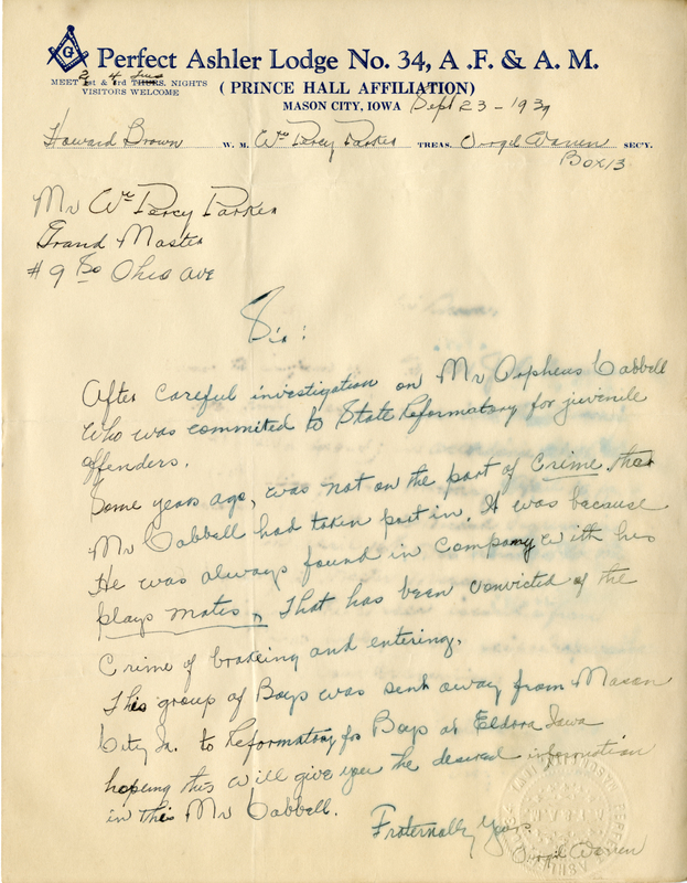 Written on letterhead from Perfect Ashler Lodge #35.