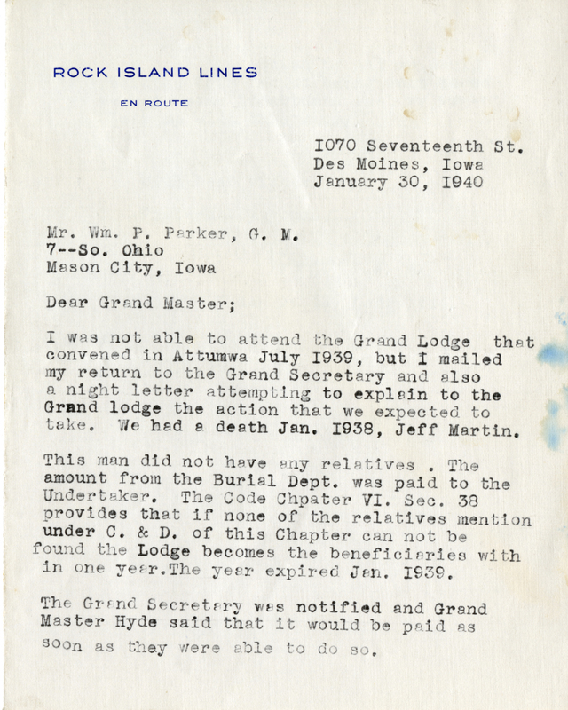 Written on letterhead from Rock Island Lines, En Route. Buice was from Cedar Valley Lodge #44.