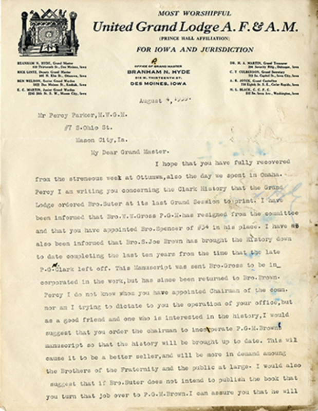 Written on letterhead from United Grand Lodge A. F. & A. M., Past Grand Master.