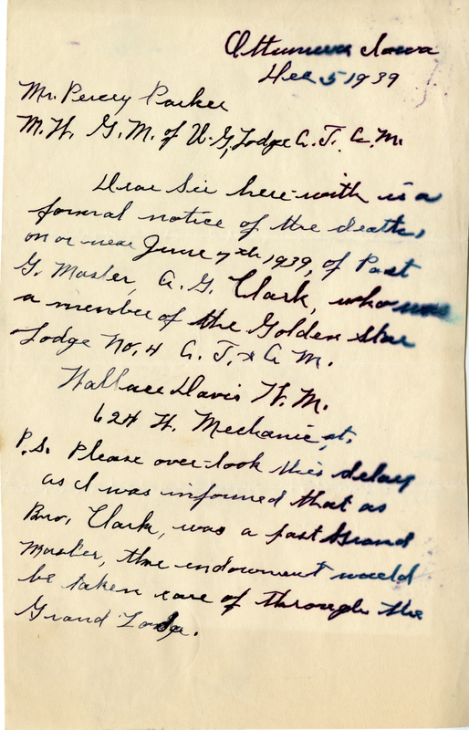 Written on letterhead from Doric Lodge #30.
