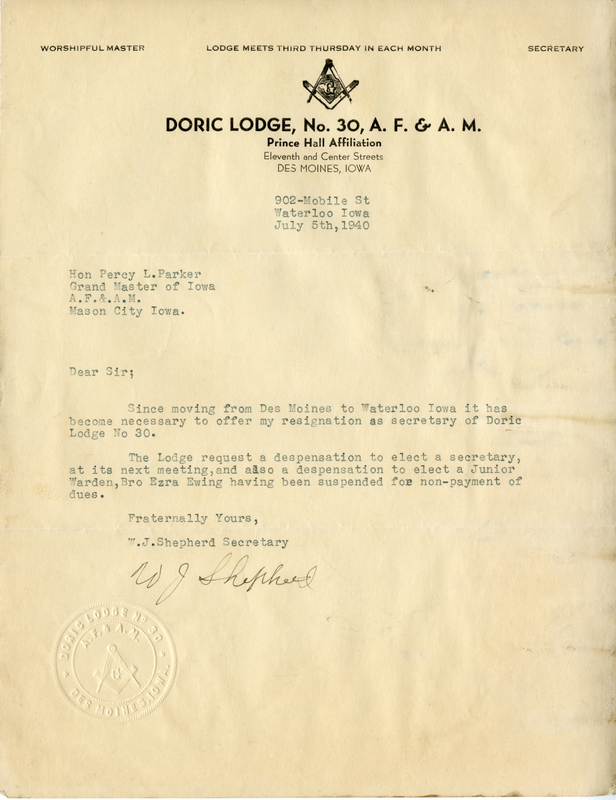 Correspondence Between Grand Master Percy Parker And W. J. Shepherd