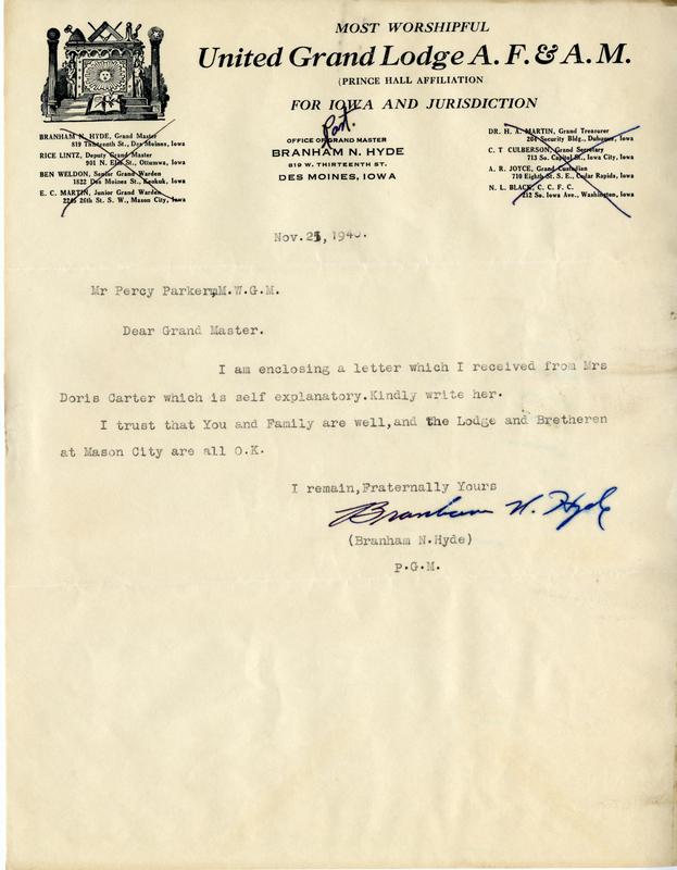 Correspondence Between Grand Master Percy Parker And Past Grand Master Branham N. Hyde