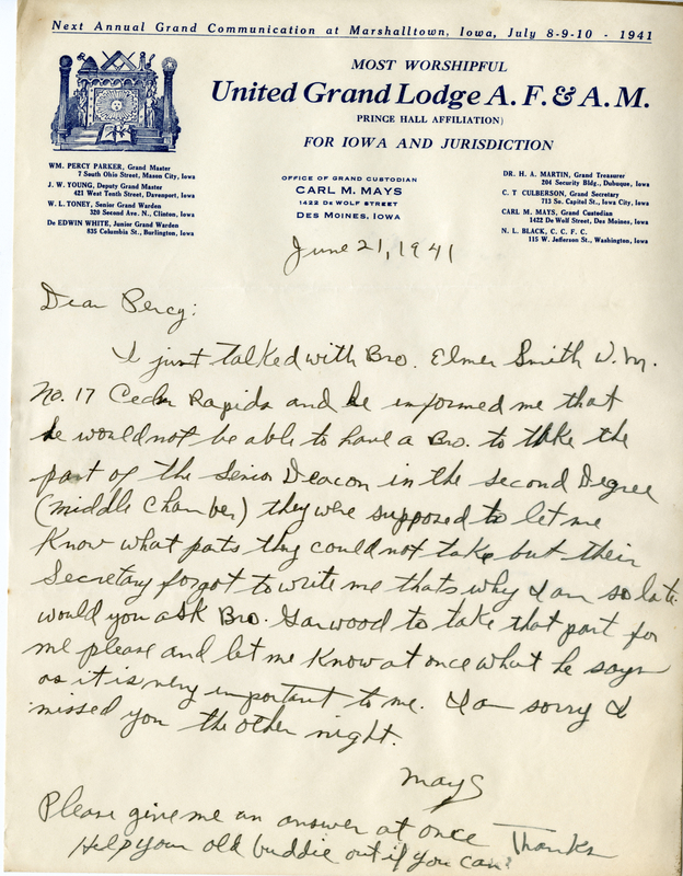 Signed "Mays." Written on his United Grand Lodge letterhead.