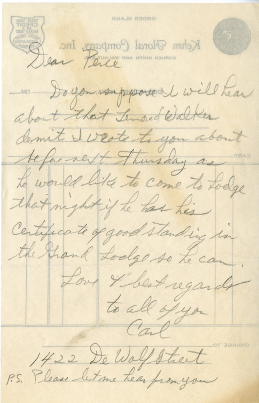 Letter written on the back of a blank receipt from Kehm Floral Company Inc.