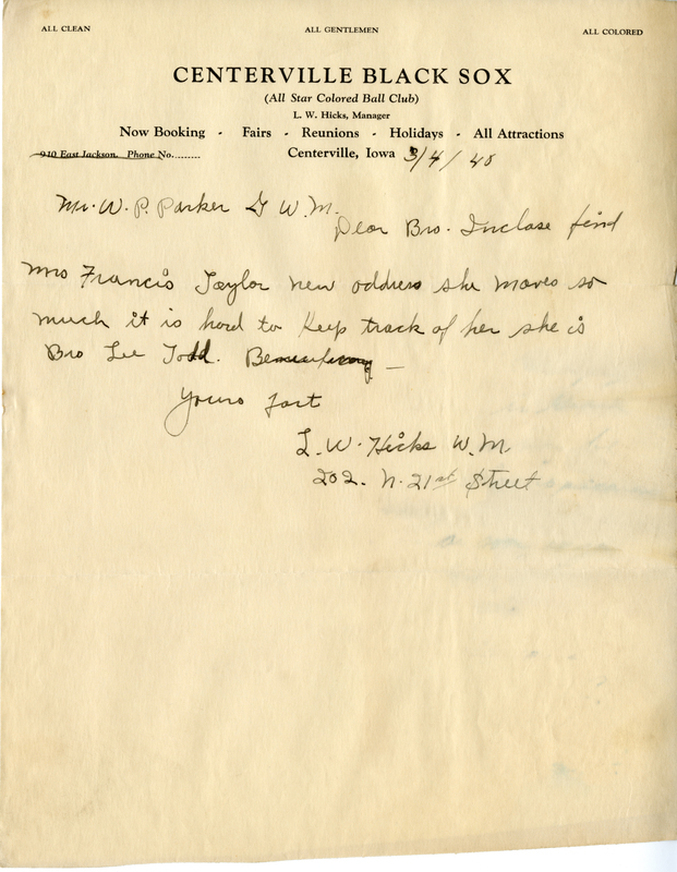 Written on letterhead from Centerville Black Sox (All Star Colored Ball Club). Hicks is listed as Manager.