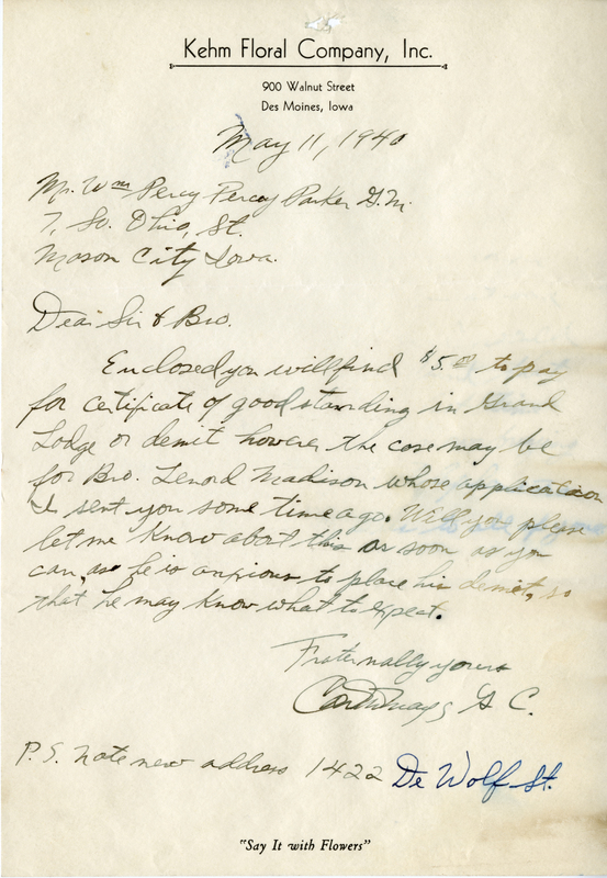 Written on letterhead from Kehm Floral Company, Inc.