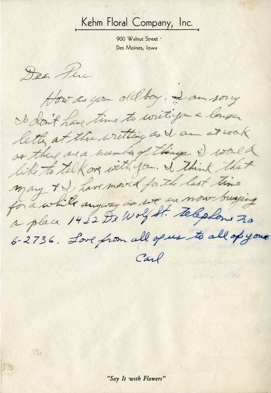 Written on letterhead from Kehm Floral Company, Inc.