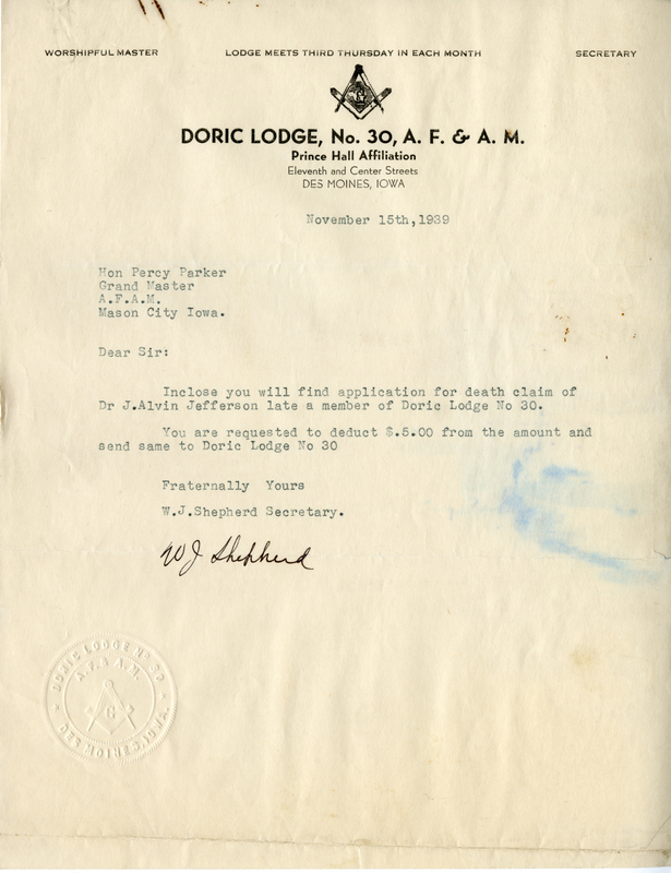 Written on letterhead from Doric Lodge #31.