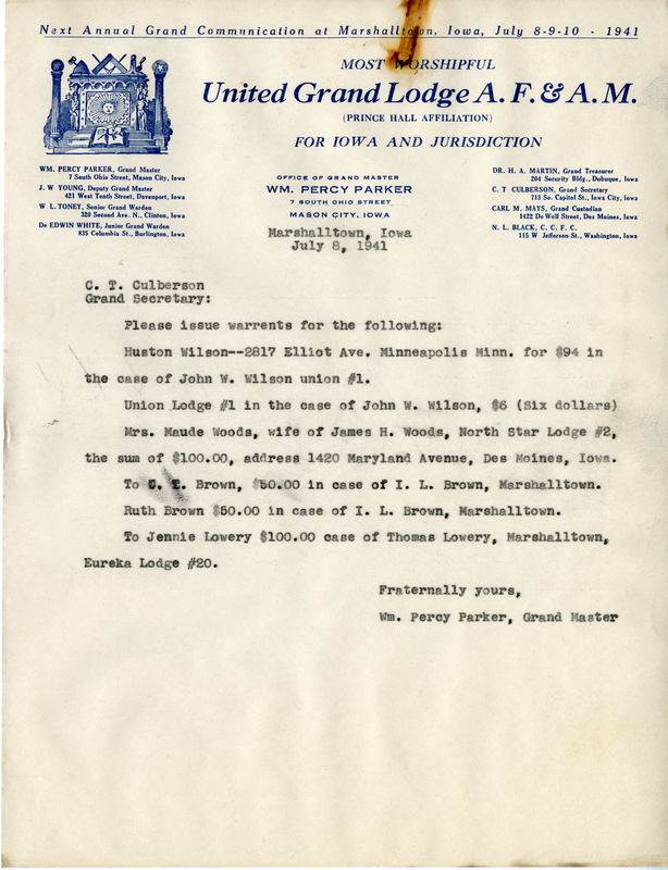 Correspondence Between Wm. Percy Parker And C. T. Culberson