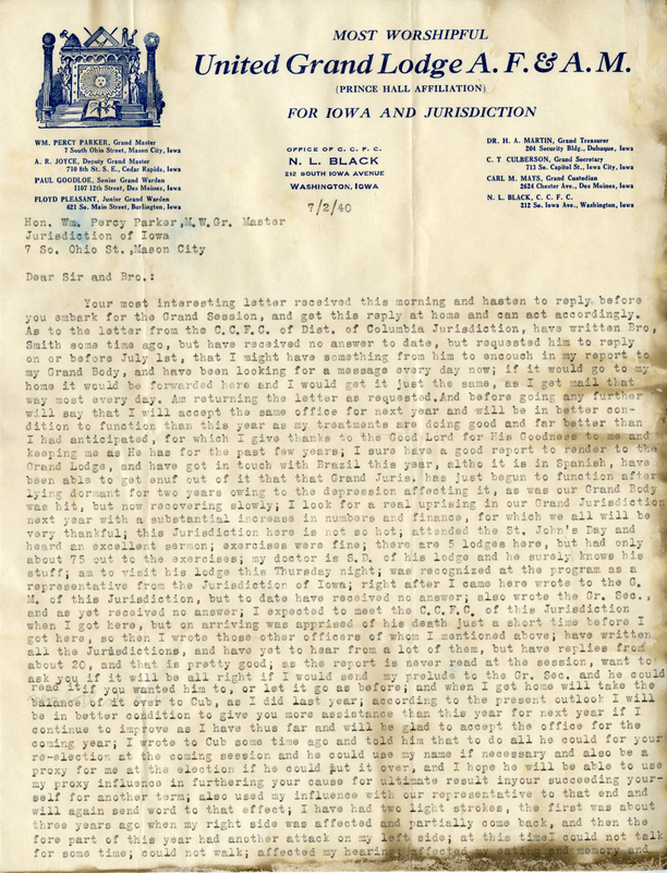 Correspondence Between Wm. Percy Parker And N. L. Black, Page 1