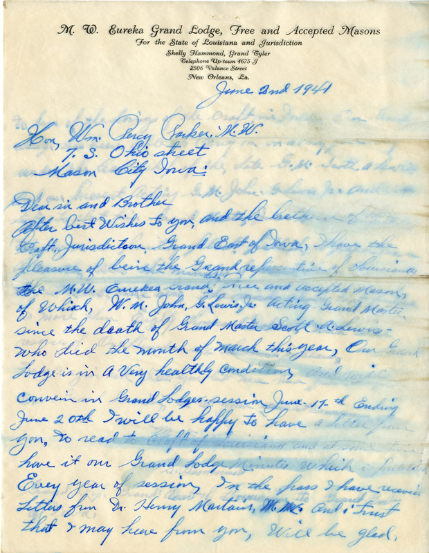 Written on letterhead from M. W. Eureka Grand Lodge, Free and Accepted Masons for the State of Louisiana and Jurisdiction.