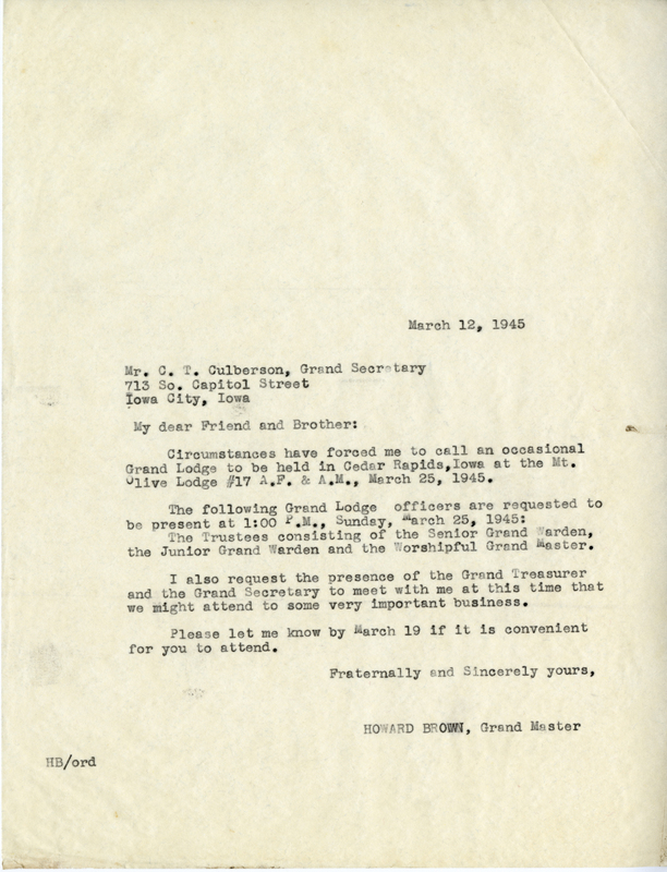 Correspondence Between C.T. Culberson And Grand Master Howard Brown