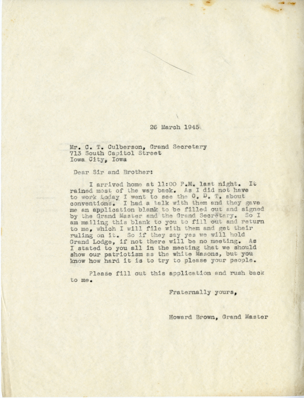 Correspondence Between C.T. Culberson And Grand Master Howard Brown