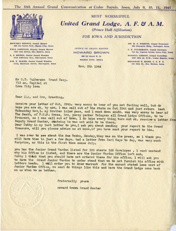 Written on letterhead from United Grand Lodge, Office of Grand Master.