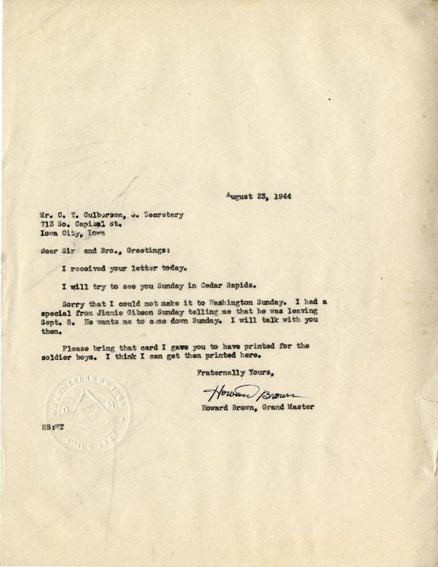 Correspondence Between C.T. Culberson And Grand Master Howard Brown