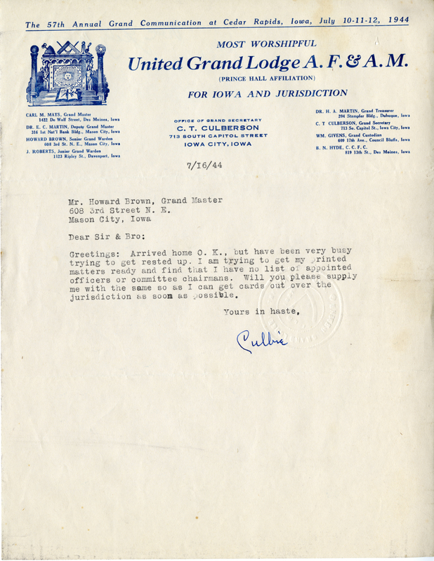 Written on letterhead from United Grand Lodge, Office of Grand Secretary.