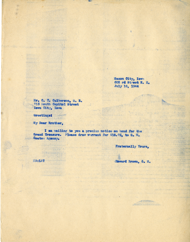 Correspondence Between C.T. Culberson And Grand Master Howard Brown