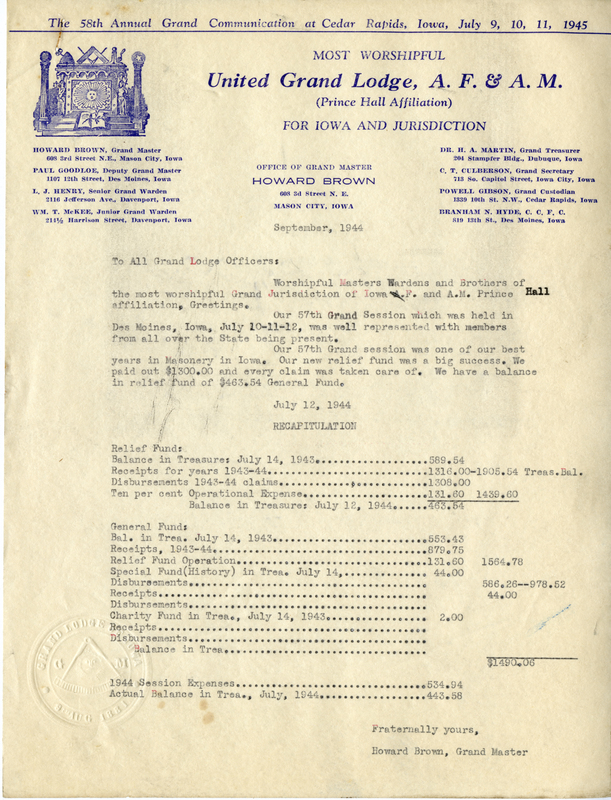 Written on letterhead from United Grand Lodge, Office of Grand Master.