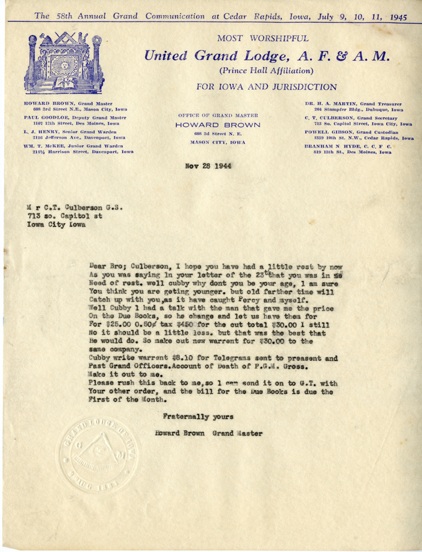 Written on letterhead from United Grand Lodge, Office of Grand Master.