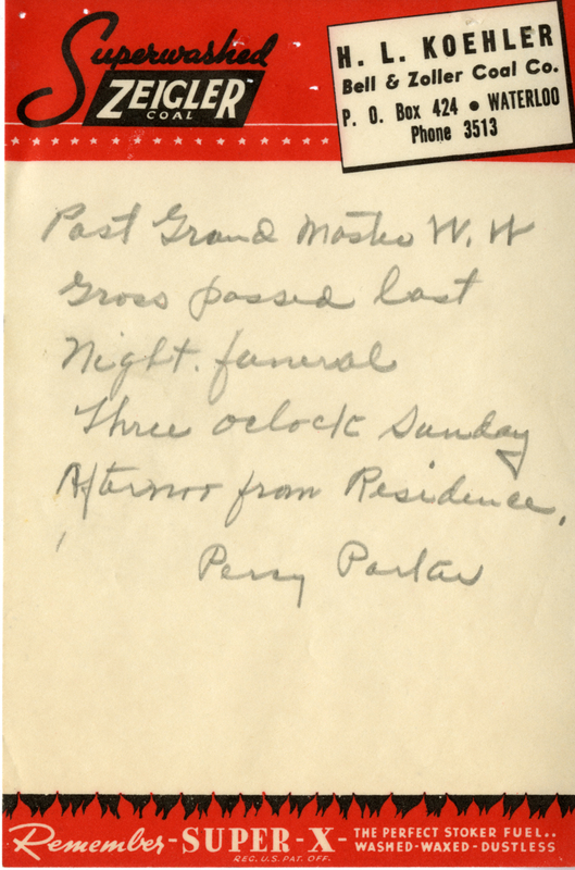 Infroming of the death of W. W. Gross. Written on "Superwashed Zeigler Coal. H.L. Koehler, Bell & Zoller Coal Co." note paper.