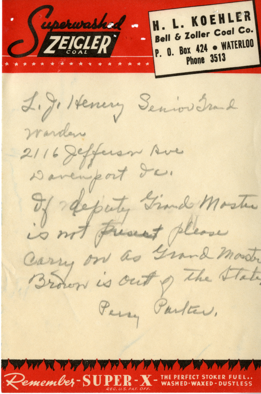 Written on "Superwashed Zeigler Coal. H.L. Koehler, Bell & Zoller Coal Co." note paper.