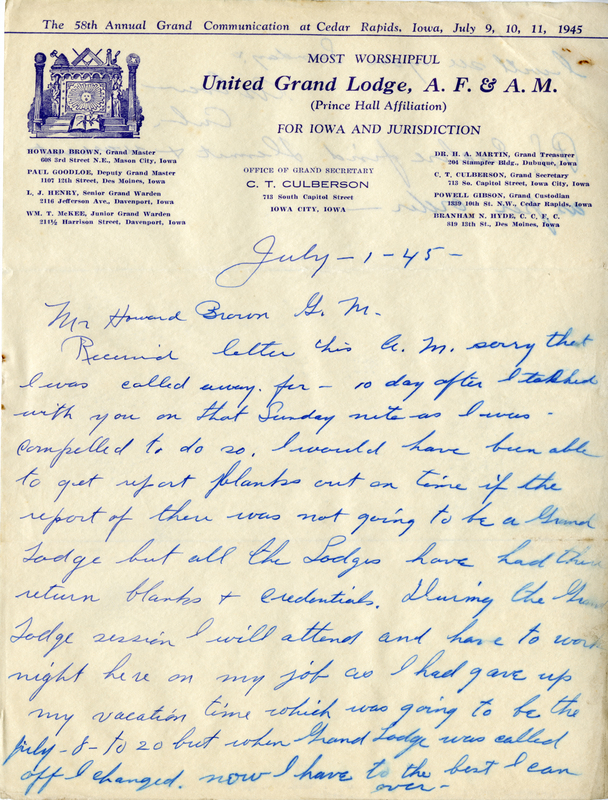 Written on letterhead from United Grand Lodge, Office of Grand Secretary.