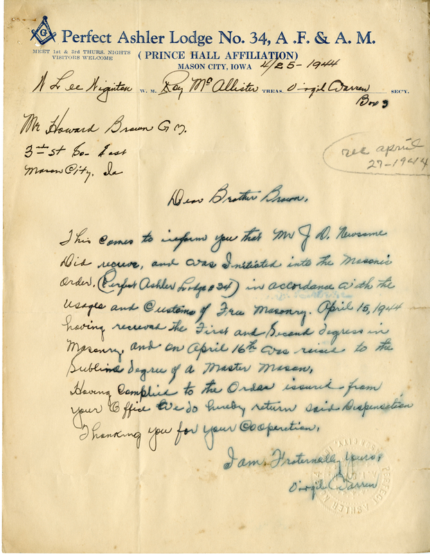 Written on letterhead from Perfect Ashler lodge #34.