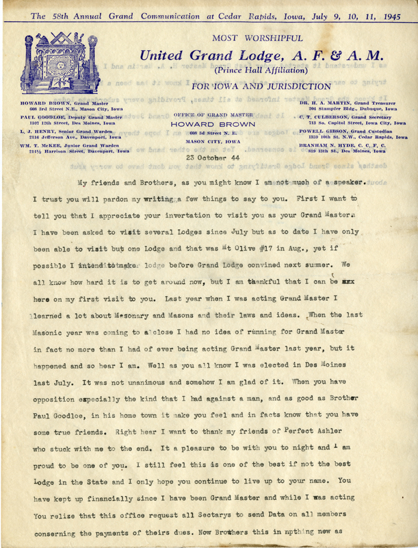 Written on letterhead from United Grand Lodge, Office of Grand Master.