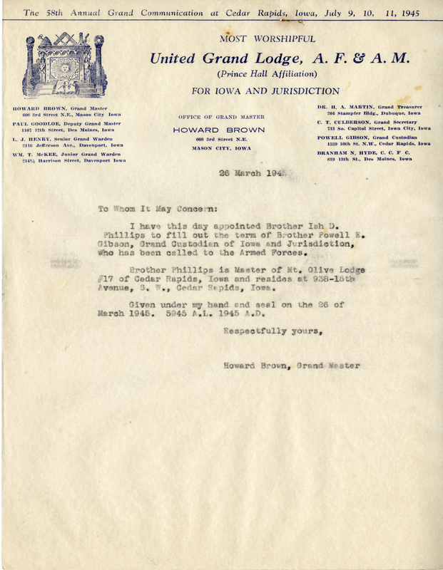 Written on letterhead from United Grand Lodge, Office of Grand Master.