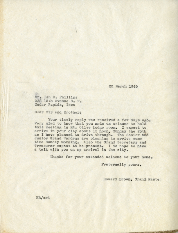 Correspondence Between Ish D. Phillips And Grand Master Howard Brown