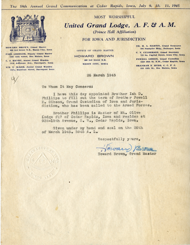 Written on letterhead from United Grand Lodge, Office of Grand Master.