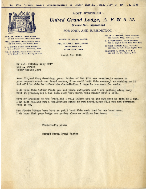 Written on letterhead from United Grand Lodge, Office of Grand Master.