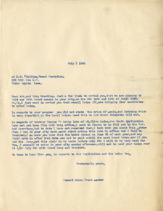 Correspondence Between Ish D. Phillips And Grand Master Howard Brown