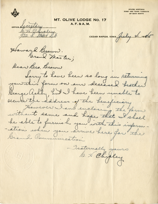 Written on letterhead from Mt. Olive lodge #17.